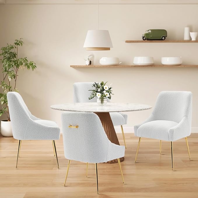 Modern Velvet Dining Chairs Set of 2, Contemporary Upholstered Furniture Collection with Polished Gold Metal Legs, Elegant Accent Chairs for Kitchen Living Room(Teddy Fleece,White)