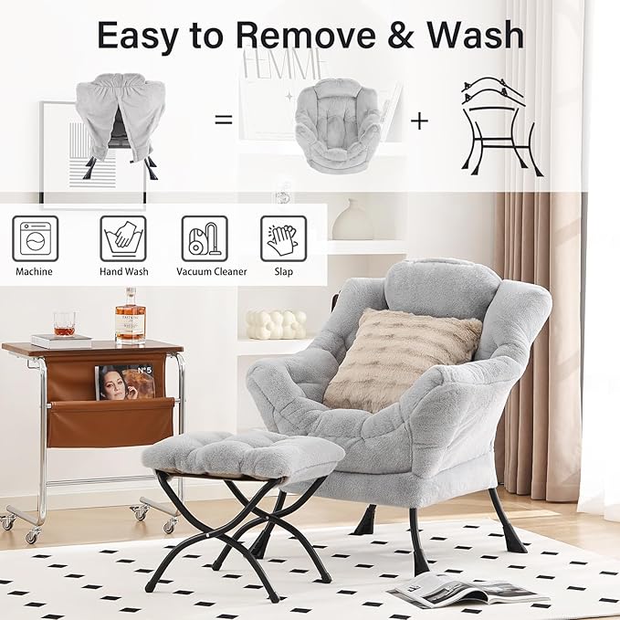 Lazy Chair with Ottoman, Modern Large Accent Lounge Chair with a Pillow, Leisure Sofa Armchair, Reading Chair with Footrest for Bedroom, Living Room,Plush Light Grey