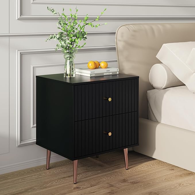 Black Night Stand Set 2,Modern Bedside Table with 2 Drawers Storage,Fluted Nightstand and Wood End Side Table with Rose Gold Metal Legs and Handles for Bedroom,Black