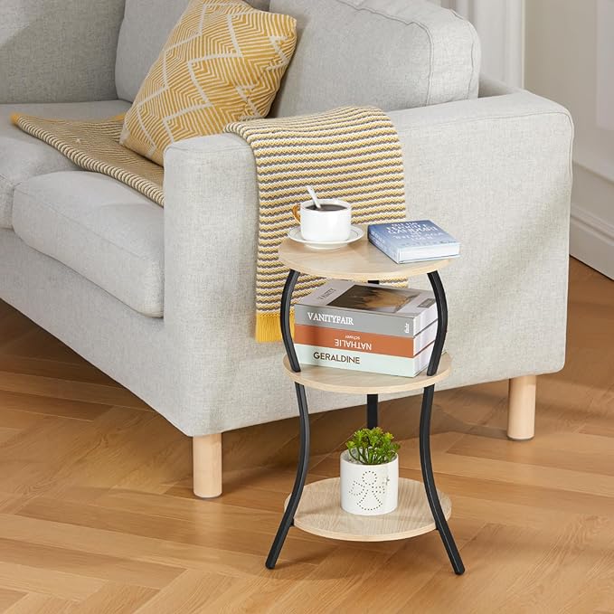 Vintage Small Round Side Table, 3-Tier Slim Waist Circular End Table with Storage Shelf, Compact Tea Sofa Side Table, Round Corner Coffee Table Nightstand for Living Room Bedroom Small Spaces,Oak