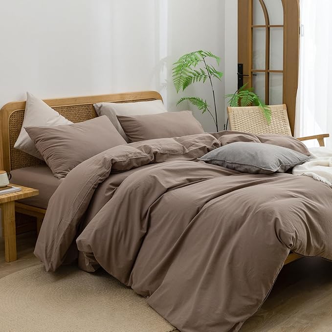 BESTOUCH Duvet Cover Set 100% Washed Cotton Linen Feel Super Soft Comfortable Chic Lightweight 3 PCs Home Bedding Set Solid Pine Bark Brown Super King