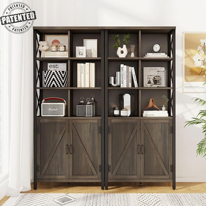 FATORRI Industrial Tall Bookshelf, Rustic Bookcase with Doors, 6 Cube Storage Organizer with Shelf for Living Room, Wood and Metal Book Shelf for Home Office (Walnut Brown)