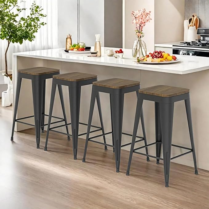 26 inch Backless Bar Stools Set of 4, Indoor Metal Bar Stools with Wood Seat, Industrial Counter Height Barstools for Kitchen Island, Black