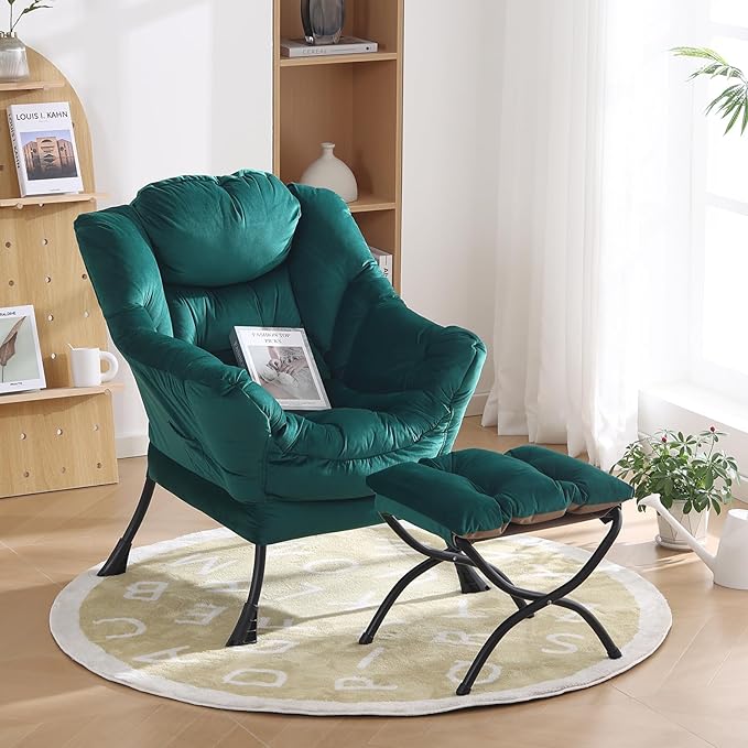 Oversized Chair with Ottoman, Modern Chair with Folding Footrest, Lounge Accent Chair, Comfortable Reading Chair for Bedroom, Study, Living Room, Courtyard (Velvet Dark Green