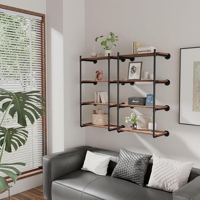 Industrial Pipe Shelf Brackets Wall Mount,Open Black Pipe Shelving for Kitchen,Floating Shelf Brackets Mount,Open Bookshelf Brackets for Shelves,Wall Shelves 12 Inch Deep,(2PcsX4Tier,47" Tall)