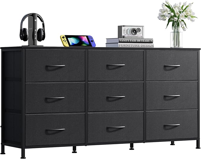 WLIVE 47''W Dresser for Bedroom, Black Dresser TV Stand for 45, 50, 55 inch TV, Wide Chest of Drawers with 9 Drawer, Large Entertainment Center, Fabric Dressers with Wood Top for Closet, Living Room