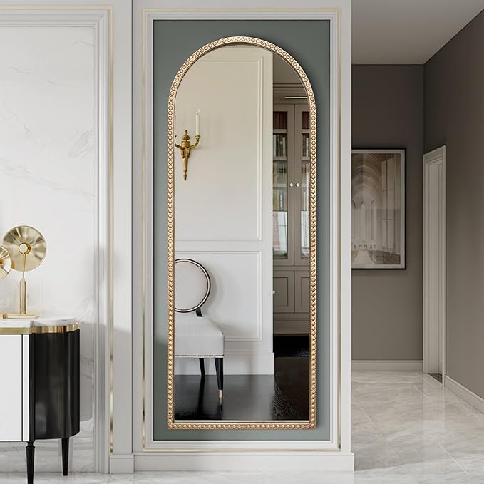 Large Arched Mirror, 20"x53" Gold Arch Floor Mirrors for Dressing, Metal Beaded Frame Decorative Accent Mirror, Ornate Vintage Mirrors for Living Room Bedroom Bathroom Entryway