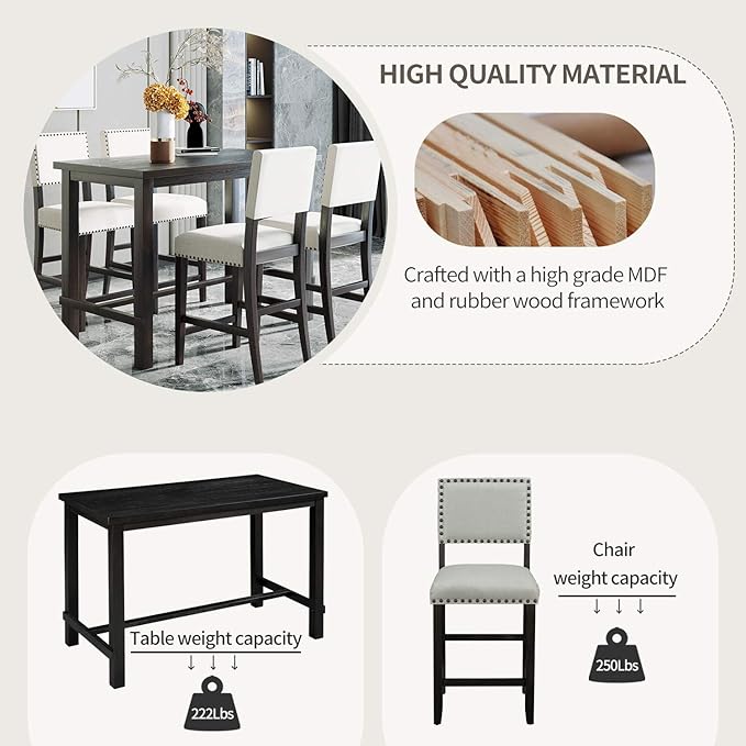 5 Pieces Dining Table Set,Wooden Living Room Furniture with 52" Rectangle Kitchen Desk,4 Upholstered Chairs W/Curved Backrests,for Restaurant,Home Bistro,Espresso and Beige