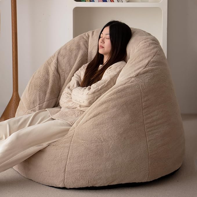 N&V Large Shell Bean Bag Chair, Adult Size Bean Bag Sack, Foam Filling, Includes Removable and Machine Washable Cover, 40in, Soft Faux Fur, Champagne