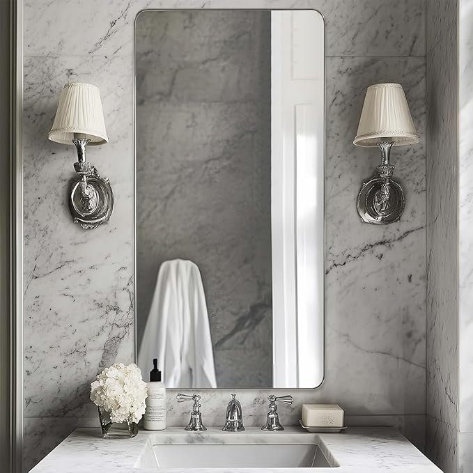 ANDY STAR Chrome Bathroom Mirrors for Over Sink, 24x48 Inch Polished Silver Mirror for Wall, Rectangular Metal Framed Vanity Mirror -Modern Clean Design with Superior Stainless Steel Frame