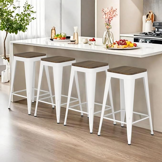 30 inch Backless Bar Stools Set of 4, Indoor Metal Bar Stools with Wood Seat, Industrial Counter Height Barstools for Kitchen Island, White