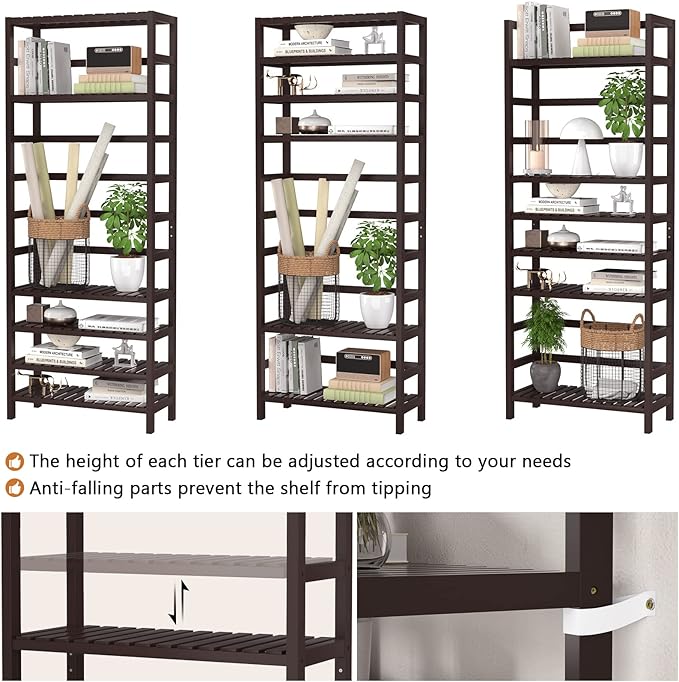 Homykic 6-Tier Bamboo Bookshelves and Bookcases, Adjustable 63.4”Tall Shallow Book Shelf Organizer Rack, Freestanding Storage Shelving Unit for Living Room, Kitchen, Bathroom, Office, Espresso