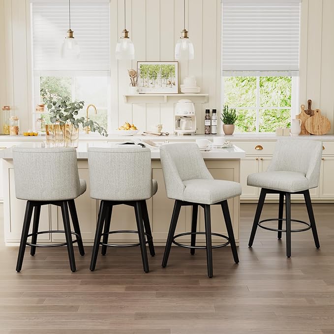 Vipbear Swivel Counter Height Bar Stools Set of 2,26.8" H Counter Stools with Back, Mid Century Modern Bar Stools for Kitchen Island,Linen Fabric,Wooden Base, White