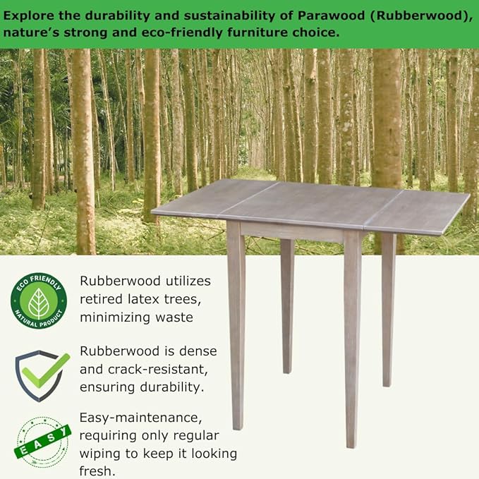IC International Concepts, Solid Wood Small Drop Leaf Dining Table, Solid Real Wood, Sturdy Parawood,36 X 22 X 29, Minimum Assembly, Washed Gray Taupe