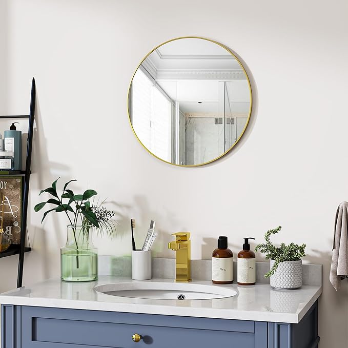 Gold Round Bathroom Mirror, 20 inch Circle Wall Mounted Hanging Mirror with Simple Modern Circular Metal Frame for Hallway, Entryway, Living Room, Gold Frame