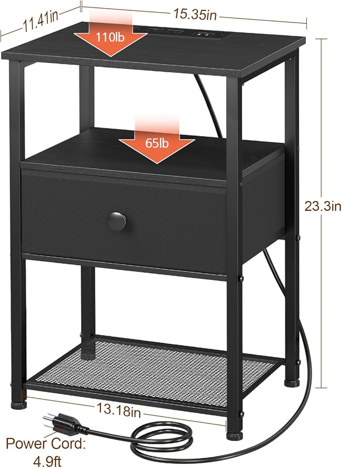 Night Stand Set 2, Black Nightstand with Charging Station, End Tables Living Room with Fabric Drawer for Small Spaces, Side Tables with Storage Shelf for Bedroom, HETS010BK