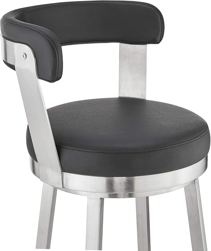 Armen Living Bryant Modern 26" Seat Height Black Faux Leather and Brushed Stainless Steel Metal Swivel Bar Stool for Kitchen Island Counter