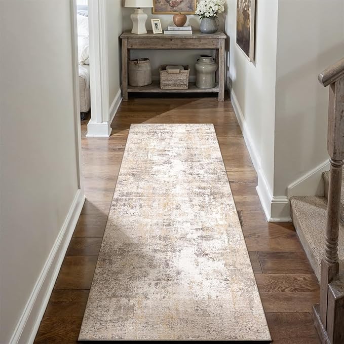 2x7 Washable Runner Rug Beige Grey Neutral Abstract Hallway Kitchen Living Room Bedroom Non Slip Throw Rug Soft Low Pile Indoor Carpet for Entrance Laundry Bathroom