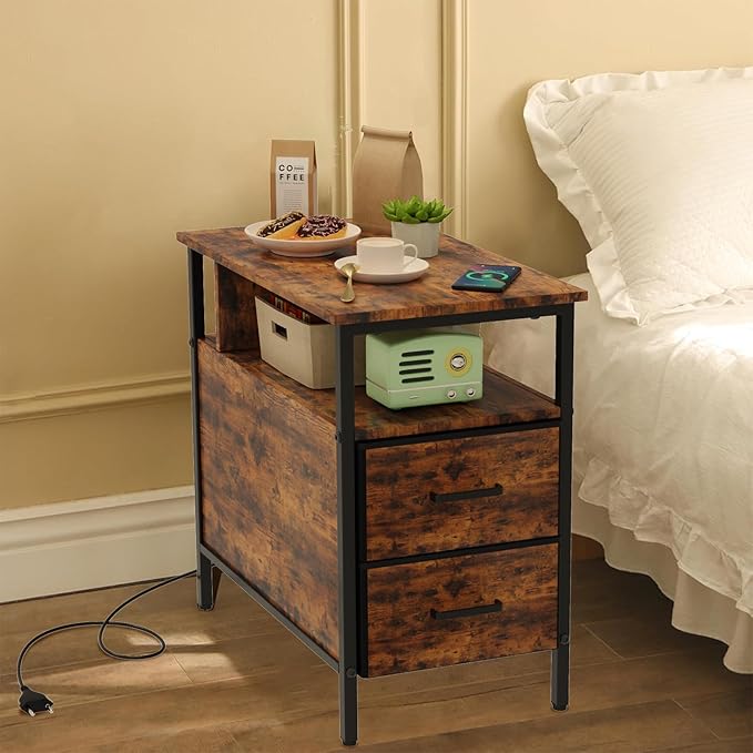 End Table with Charging Station, Narrow Side Table with 2 Fabric Drawer & Storage Shelf, USB Ports & Power Outlets, Narrow Nightstand for Bedroom Living Room and Small Spaces, Rustic Brown