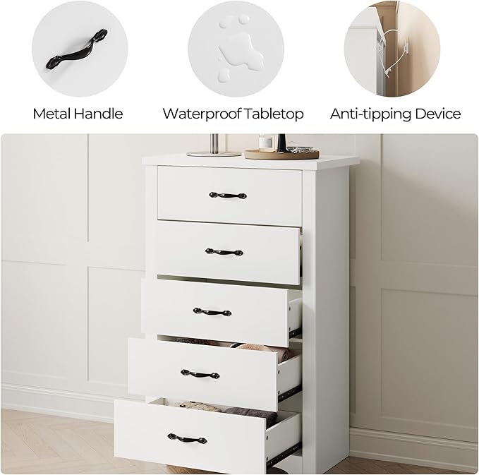 LINSY HOME White 5-Drawer Dresser - Modern Bedroom Chest with Wide Drawers, Wood Storage Organizer for Bedroom or Living Room
