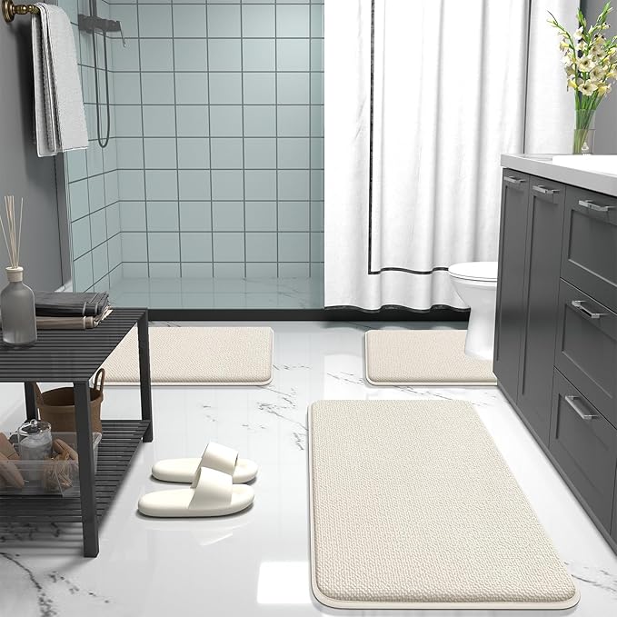 OLANLY Thick Memory Foam Bath Mat Rug 36x24, Extra Soft Absorbent Bathroom Rug, Quick Dry Bath Mats, Non-Slip, Machine Washable Carpet for Bathroom, Tub and Shower, Home Decor Accessories, Ivory
