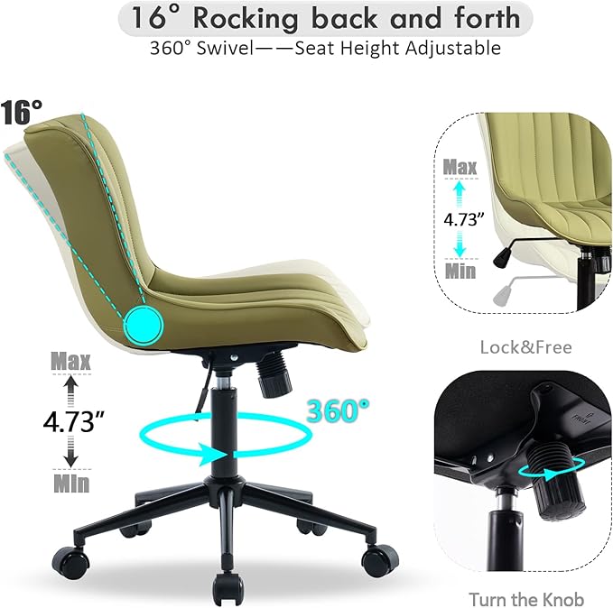YOUNIKE Ergonomic Home Office Desk Chair with Wheels Comfy Armless Criss Cross Chair with Back Adjustable Modern Leather Upholstered Swivel Vanity Chair Small Cute Rolling Task Chair Avocado Green