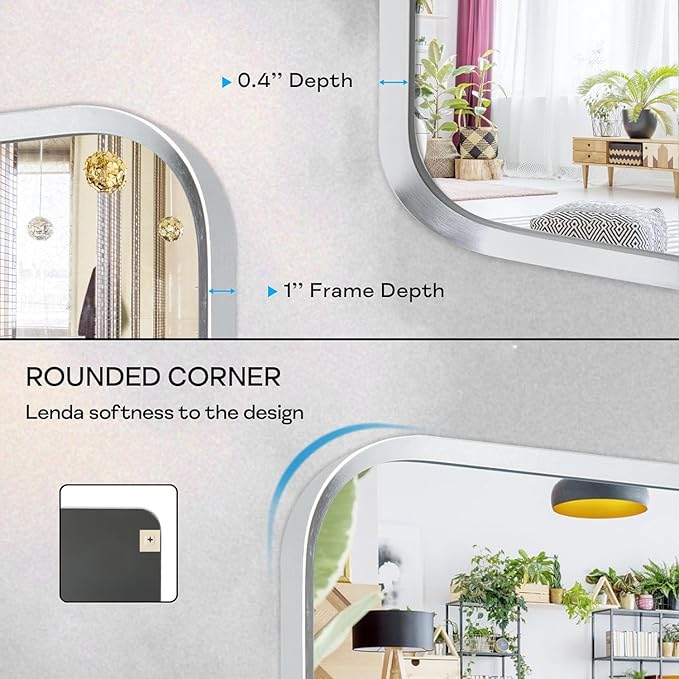 Wall Mount Mirror for Bathroom, Brushed Silver Metal Framed Rounded Corner Square Rectangular Vanity Mirror (24" x 30", Silver)