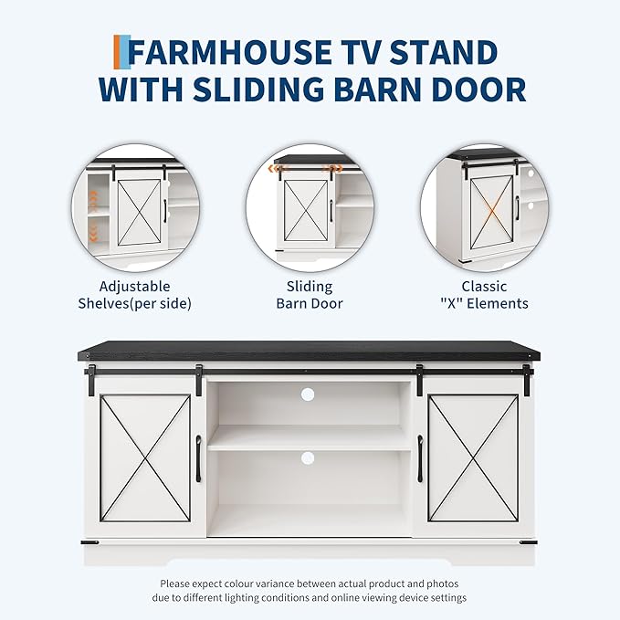 GAOMON Farmhouse 59" TV Stand Up to 65 Inches, Mid Century Modern TV Entertainment Center with Storage Cabinets & Open Shelves, Wood TV Cabinet for Living Room, White