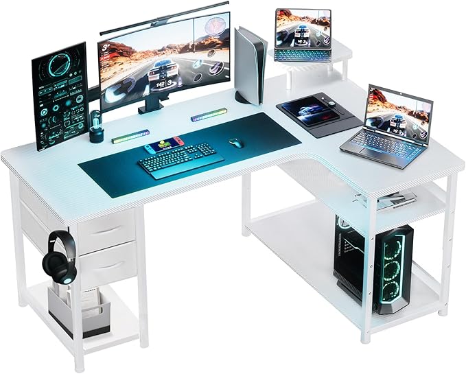 GTRACING Gaming Desk with Drawers, Carbon Fiber Style L Shaped Computer Desk Compatible with Monitor Arm Corner Desk Gaming Table for Home Office Desks, Easy to Assemble Adjustable Shelf Height