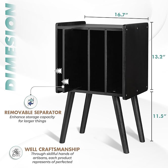 Wooden LP Record Player Stand with 4 Cabinets, Holds up to 100 Vinyls, Metal Record Storage Holder and Organizer Table, Classical Design for Files/Book (Mid-Century Modern)