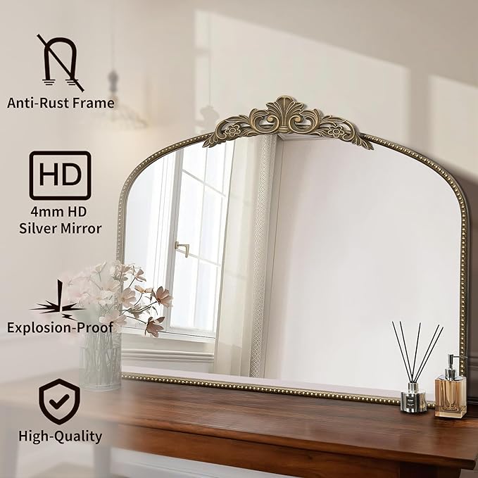 Micasso Gold Antique Wall Mirror: 29"x 36" Large Arched Mirror - Arendahl Traditional Ornate Baroque Decorative Mirror for Home Decor/Entryway/Fireplace/Living Room/Hallway/Bathroom