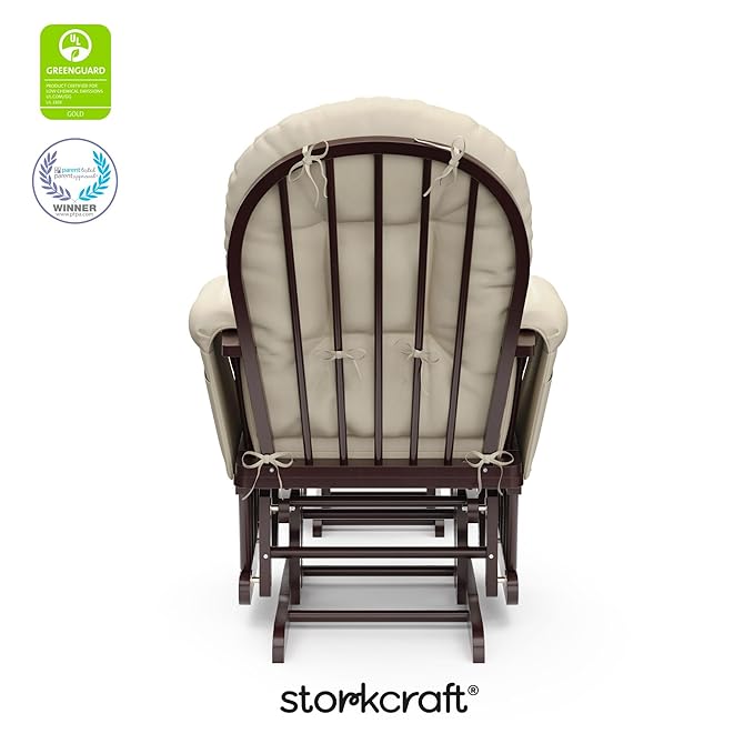 Storkcraft Premium Hoop Glider & Ottoman (Espresso with Beige) — GREENGUARD Gold Certified, Solid Wood Craftsmanship, Convenient Storage Pockets, Smooth-Gliding Chair for Nursery, Multi-Award-Winning