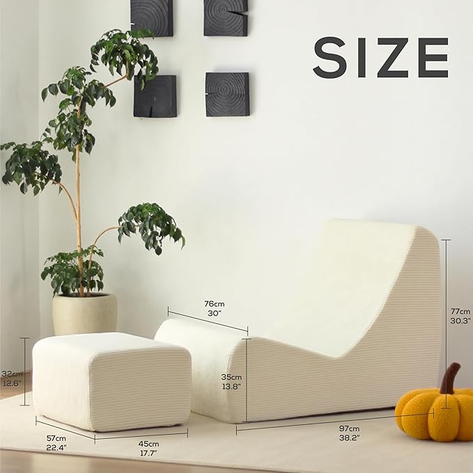 N&V Bean Bag Chair Single Seated Foam Sofa Armless Floor Sofa with High Density Foam Removable and Machine Washable Cover (White, Large, Corduroy Stripes)