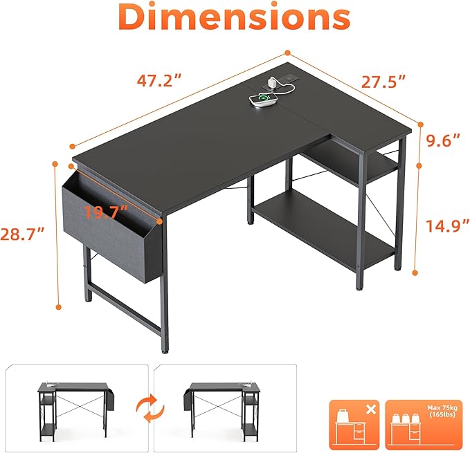 Small L Shaped Computer Desk with Power Outlets, Gaming Desk for Small Spaces, Corner Desk with Reversible Storage Shelves, Study Writing Table for Home Office (Socket, Black, 48 inch)