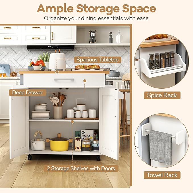 COSTWAY Kitchen Island On Wheels, Rolling Storage Trolley Cart with Large Cabinet, Drawer, Spice Rack and Towel Rack, Kitchen Serving Utility, 3-Position Adjustable Shelf (White)