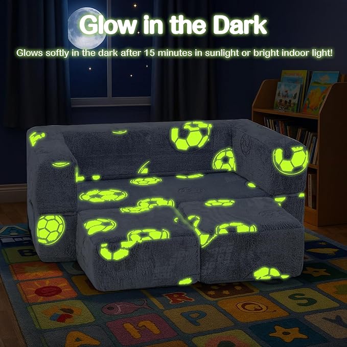 Lamerge Toddler Couch Glow in The Dark Toddler Fold Out Couch for playroom, Convertible Baby Fold Out Play Foam and Floor Cushion for Bedroom (Grey+Football)