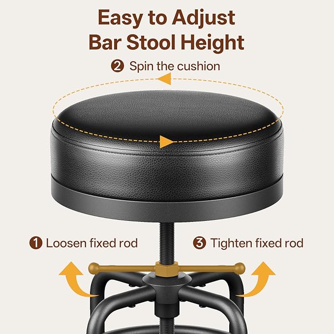 Adjustable Height Swivel Bar Stools Set of 3, 22-29 Inch Industrial Vintage Bar Counter Height Stools with Thicken Premium Bonded Leather Seats & Updated Footrests, Easy Assembly, Black