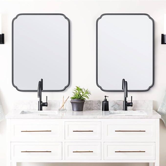 28"x36" Black Bathroom Mirror with Rustproof Metal Frame, Modern Rounded Corner Wall Mirror for Vanity Over Sink, Horizontal/Vertical Hanging