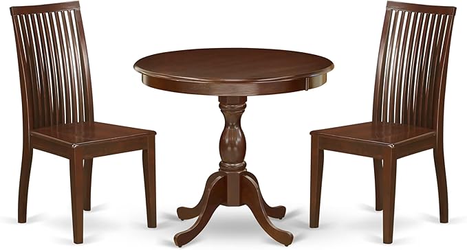East West Furniture AMIP3-MAH-W 3 Piece Dining Table Set for Small Spaces Contains a Round Kitchen Table with Pedestal and 2 Kitchen Dining Chairs, 36x36 Inch, Mahogany