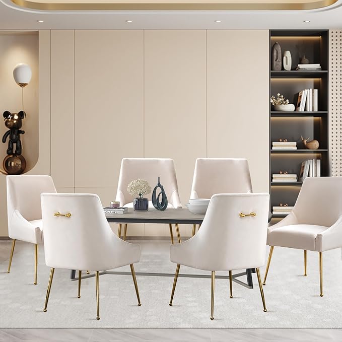 Velvet Dining Chairs Set of 2, Upholstered Dining Chairs with Polished Gold Metal Legs,Farmhouse Kitchen Side Chairs, Vanity Chairs, Accent Chair for Kitchen,Restaurant/Cafe(Beige)