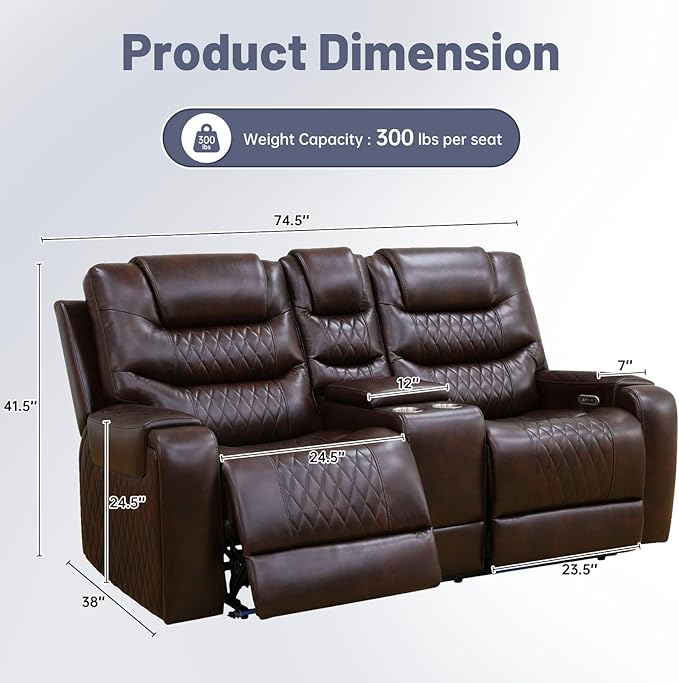 PU Leather Power Wall Hugger Chair Double Reclining Sectional Sofa 2-Seater Loveseat Couch with Center Storage Console, USB Ports, Cup Holders and Ambient LED Light for Living Room RV Theater Seating