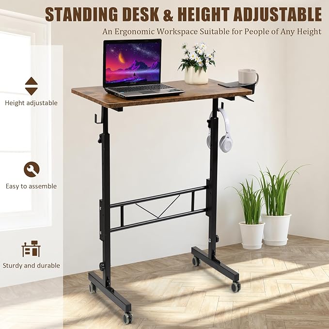 SIDUCAL Standing Desk Adjustable Height, Small Mobile Stand Up Desk with Wheels, Portable Computer Desk for Walking Pad, Rolling Table for Home Office Classroom, Rustic Brown