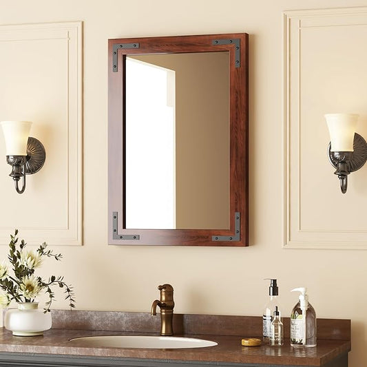 VocalStar Rustic Wood Framed Mirror 18 x 26 Inch, Natural Dark Brown Wooden Rectangle Bathroom Vanity Wall Mirror for Farmhouse Boho Decor, 1/4-inch Shatterproof Glass | Waterproof