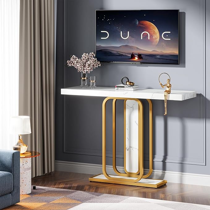 LITTLE TREE Modern Entryway Console Table with LED Lights, White and Gold