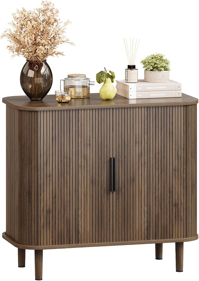 31.5" Sideboard Buffet Cabinet with Storage, Modern Walnut Accent Cabinet with Sliding Doors & Adjustable Feet, Small Credenza for Kitchen, Entryway, Living Room (Walnut, 15.8"D x 31.5"W x 29.5"H)