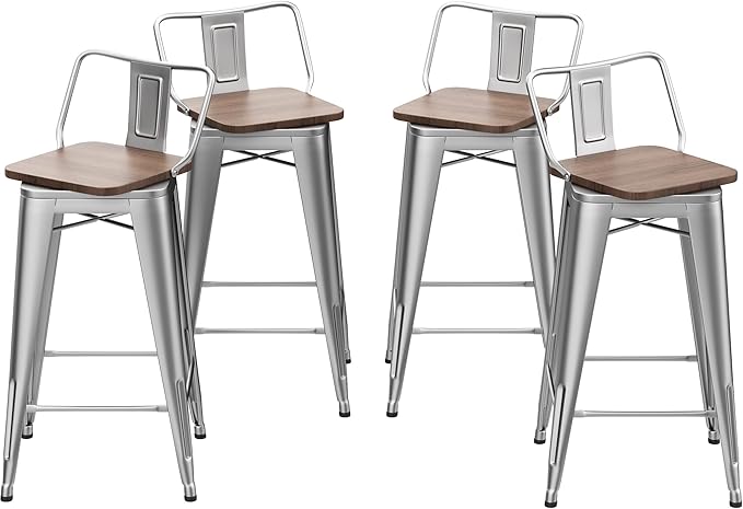 24 Inch Swivel Bar Stools Set of 4 with Backs Counter Height Industrial Metal Barstools Island Bar Chairs for Home Kitchen Dining Room (Swivel 24 inch, Silver Wooden)