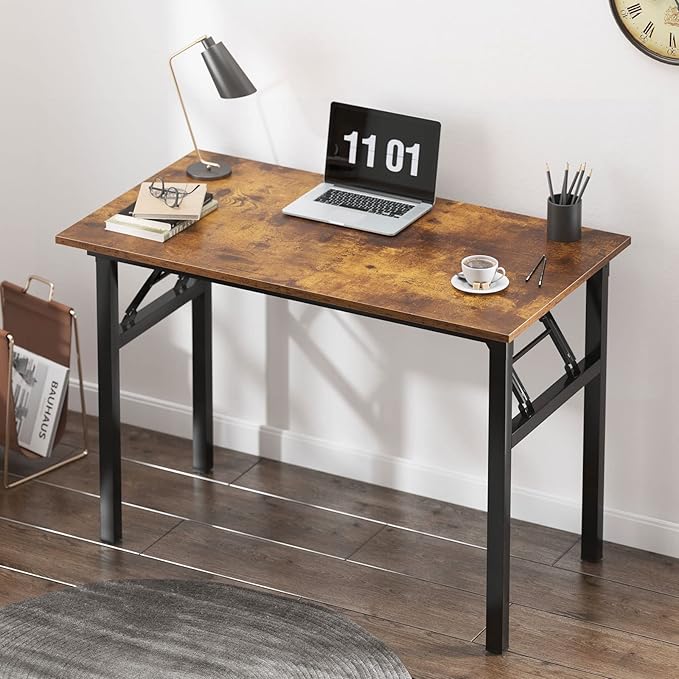 SDHYL 31.5 inches Foldable Computer Desk for Home Office Workstation, Small Portable Collapsible Study and Writing Table with Metal Frame, Rustic Brown