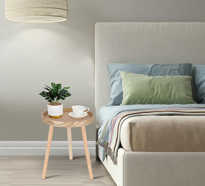 Small Side Table, Rattan Nightstand, Round End Boho Bedside Accent Mid-Century Modern Bed Tables for Living Room Bedroom Office Balcony(Natural Walnut)
