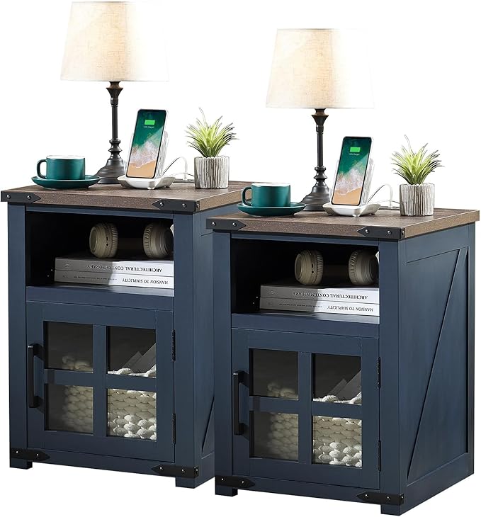 Farmhouse Nightstand with Charging Station, Rustic End Table with Tempered Glass Barn Door, Wood Sofa Side Bedside Table with Open Storage Shelf for Living Room, Bedroom, Blue, 2 Pack