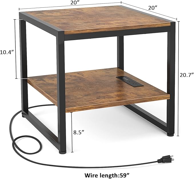 Homieasy End Table with Charging Station, 20 Inch Mini Fridge Stand with 2-Tier Open Shelf, Square Bedside Nightstand & Sofa Side Table for Small Spaces, Rustic Brown - 2 Pack